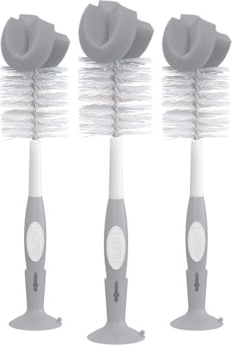 Dr. Brown's Reusable Sponge Baby Bottle Cleaning Brush Set with Suction Cup Stand,Scrubber and Nipple Cleaner,Gray,(Pack of 18) - color: Gray Bottle Brush, size: 18-Pack