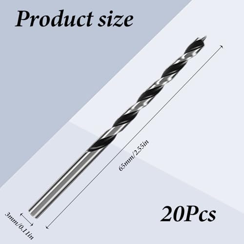 20 Pcs Drill Bits, 1/8” Carbon Steel Wood Drill Bit Set, Twist Drill Bit for Hardwood, Plywood, Plastic Round Holes and Engraving Drilling in All Types of Wood