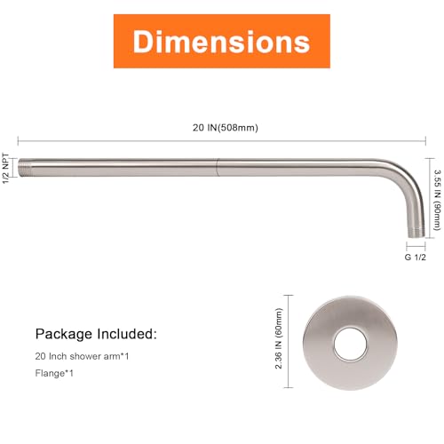 Shower Arm with Flange and Teflon Tape, Wall Mounted Shower Pipe 304 Stainless Steel Extension Arm for Fixed Shower Head & Handheld (20 Inch, Brushed Nickel) - color: Brushed Nickel, style: 20 Inch