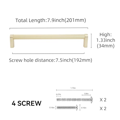 10 Pack 7-1/2 inch(192mm) Brushed Brass Kitchen Cabinet Handles Knurled Cabinet Pulls Gold Drawer Pulls Kitchen Cabinet Hardware Handles Drawer Pulls Dresser Handles - color: Brushed Brass, size: 7-1/2" Hole Center（192mm）