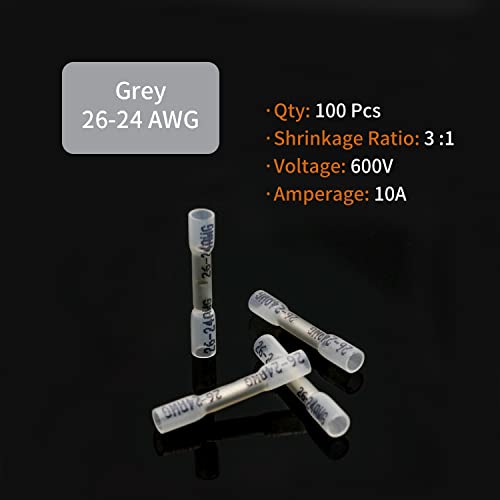 26-24 AWG Heat Shrink Butt Connectors - 100Pcs White Insulated Waterproof Electrical Marine Automotive Wire Splice Connector Crimp Wiring Terminals - size: AWG 26-24