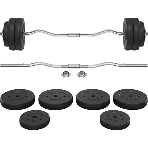 Yaheetech Curl Bar with Weights Adjustable W-Shaped Barbell Home Gym Set | Knurled iron bar with concrete-filled hdpe plates, star locks adjust weight for compact, gym-free strength training at home - size: 66 lbs