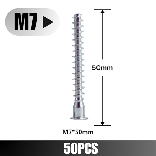 Confirmat Screws, 50 PCs Pack M7 x50mm, Hex Socket Drive Countersunk Self-Tapping Furniture Connecting Screw Set, Sturdy & Easy-to-Install - color: Silver, size: M7x50mm