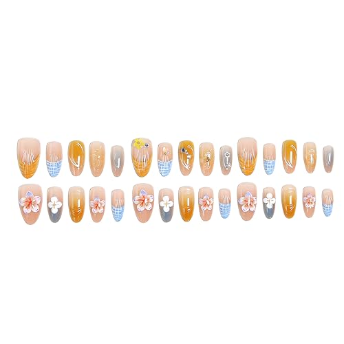 Press on Nails Almond Medium French Tip 3D Embossed Color Flower&Bead Design Fake Nails - color: 3D Embossed design 19