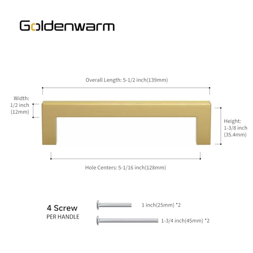Goldenwarm 25 Pack 5 Inch Gold Cabinet Handles Brushed Gold Cabinet Pulls - color: Gold, size: 5in Hole Centers