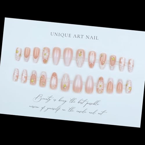 LPOODDNU 3D Almond Press on Nails - White French Tip Medium Fake Nails with Flower Pearl Star Designs, Glossy Finished Reusable False Nails with Adhesive Glue Tabs - 24Pcs Nail Kit for Women Manicure - color: 3d white flower