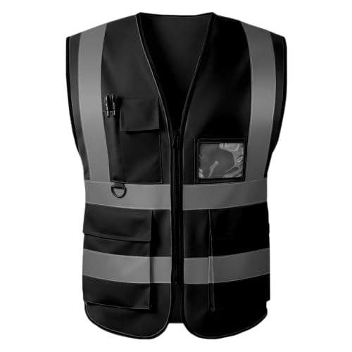 High Visibility Safety Vest with Reflective Strips & Pockets - color: Black, size: Medium
