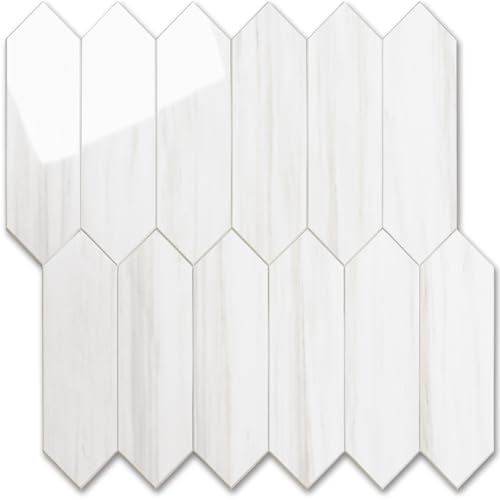 Vamos Tile Glossy Dolomite White Backsplash Tile Peel and Stick, 12.8 x 12.8 Inch 10 Sheets Long Hexagon PVC Self Adhesive Mosaic Wall Tiles Stick on Backsplash for Kitchen and Bathroom - color: Glossy Dolomite White