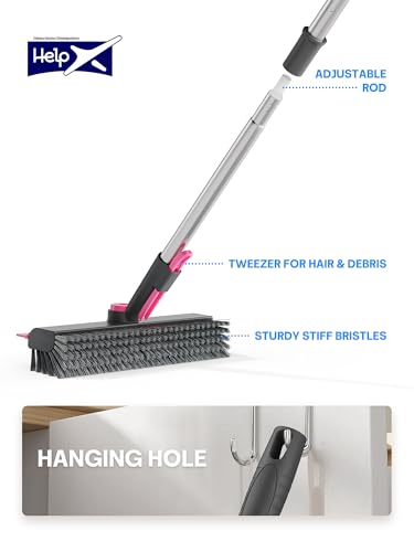 3 in 1 Floor Scrub Brush with Long Handle, Deck Brush with Squeegee - color: Pink and Grey