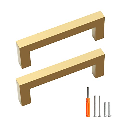 Cabinet Pulls Gold Cabinet Handles Square Drawer Pulls, 10 Pack 3-3/4 Inch Stainless Steel Kitchen Door Cupboard Cabinet Handles, Drawer Hardware Handles, 96mm Hole Centers - color: Gold, size: Two Hole - 3-3/4 inch Hole Centers(96mm)