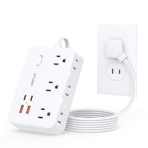 DEPOW 2 Prong to 3 Prong Adapter Power Strip-6 Outlets 4 USB Port (2USB-C - color: White, size: 5 FT(2 prong plug)
