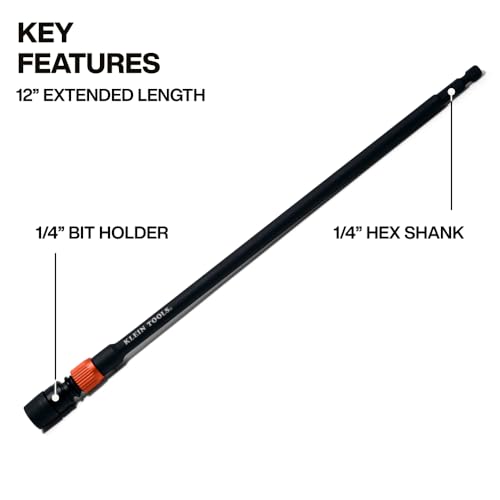 Klein Tools 31089 12-Inch Dual-Lock Extension, 1/4-Inch Hex Shank Impact Bit Holder, Quick-Release Locking Mechanism with Secondary Twist Lock, Compatible with Impact Drivers and Drills - size: 12-Inch