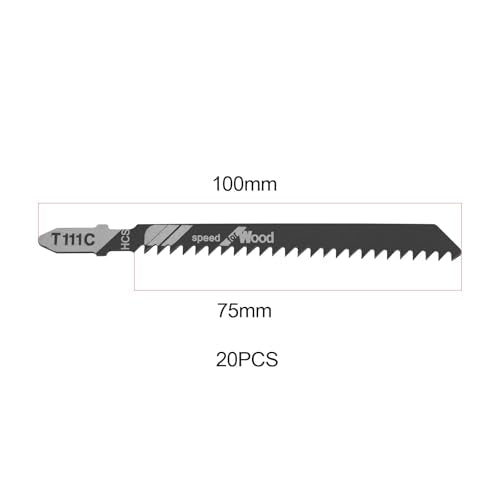Create idea 20Pcs T111C 8TPI Jigsaw Blade 100mm HCS Jig Saw Blades Set T Shank for Wood Cut Compatible with Bosch Compatible with Dewalt Compatible with Makita Black