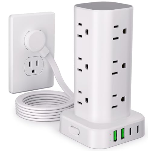 6FT Power Strip Tower Surge Protector, 12 Wide Spaced Outlets, 4 USB - color: White, size: 6FT without Wireless Charging
