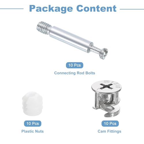 uxcell 10Set 15x14mm Furniture Cam Lock Fitting with 5.8x40mm Dowel Fasteners, 3-in-1 Metal Furniture Board Connecting Screws Bolts Assortment Kit for Cabinets Chairs Drawer - size: 5.8 x 40mm