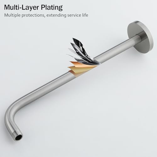 RANDOM 16 Inch Shower Arm with Flange,Stainless Steel 90 Degree Rain Shower Head Extension Arm,Wall-Mounted Shower Head Arm for Fixed Shower Head,Brushed Nickel.RD91018-16BN - color: 16″ Brushed Nickel(Round Flange)