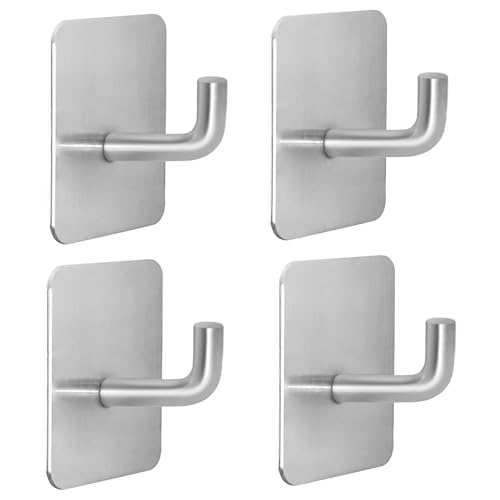 Adhesive Hooks for Bathrooms, 4 Piece Towel Hooks for Hanging Hat Robe Coat, Stick on Hooks for Kitchens, Strong Self-Adhesive No Damage Waterproof Stainless Steel Sticky Hook (Silvery) - color: Square-A-Silvery