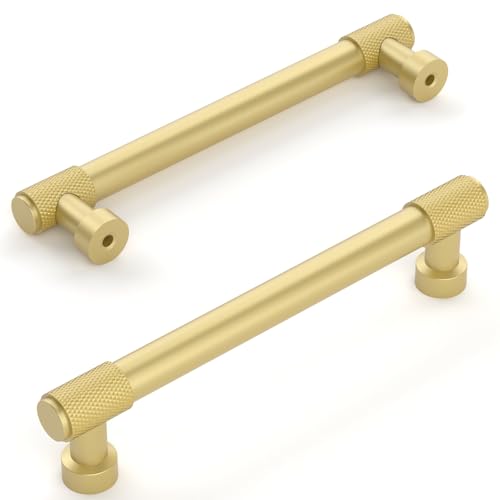Amerdeco 10 Pack Brushed Gold Knurled Cabinet Pulls 5 Inch(128mm) Hole Center Kitchen Cabinet Handles Drawer Pulls Cabinet Hardware ZH0034 - color: Brushed Gold, size: 5"/128MM Hole Center