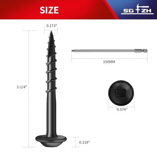 Pocket Hole Screws #8 x 1-1/4" (360Pcs) 2lb. Carbon Steel, Black, Washer Head, Coarse Thread, Square Drive,150MM Drive Bit Included - color: Black, size: #8 x 1-1/4"