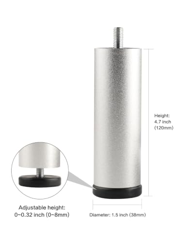 Furniture Support Legs Silver 4.7 Inch Couch Legs Screw in M8 Replacement End Table Feet Cylinder Aluminum Alloy Cabinet Leg Extensions Bed Frame Foot - color: Silvery, size: 4.7 inch(4pcs)