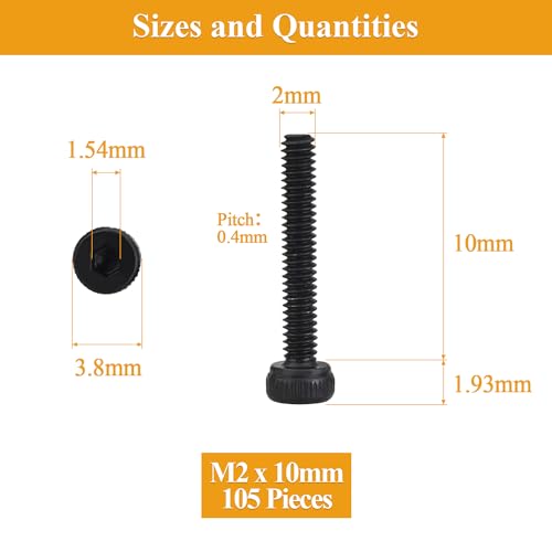 105 Pieces M2 x 10mm Socket Head Cap Screws, Thread Pitch 0.4mm, Sutemribor M2 Black Screws, 12.9 Grade Alloy Steel, Black Oxide Finish, Fully Threaded - size: M2 x 10mm, style: Socket Head