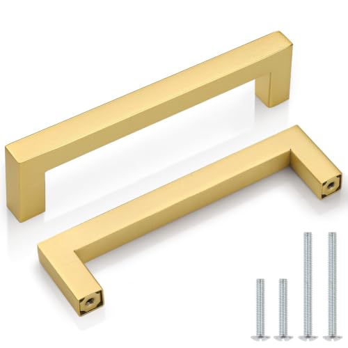 Probrico 10 Pack Gold Cabinet Pulls Square Kitchen Cabinet Hardware 5 Inch(128mm) Hole Center Modern Drawer Handles Stainless Steel Golden Drawer Pulls for Cupboard - color: Gold, size: hole center 5"