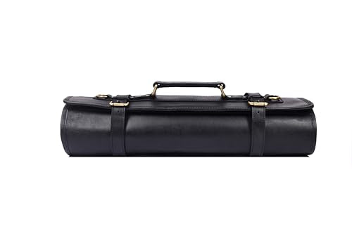 Leather Knife Roll Storage Bag, Elastic and Expandable 10 Pockets, Adjustable/Detachable Shoulder Strap, Travel-Friendly Chef Knife Case (Pitch Black, Leather) - color: Pitch Black