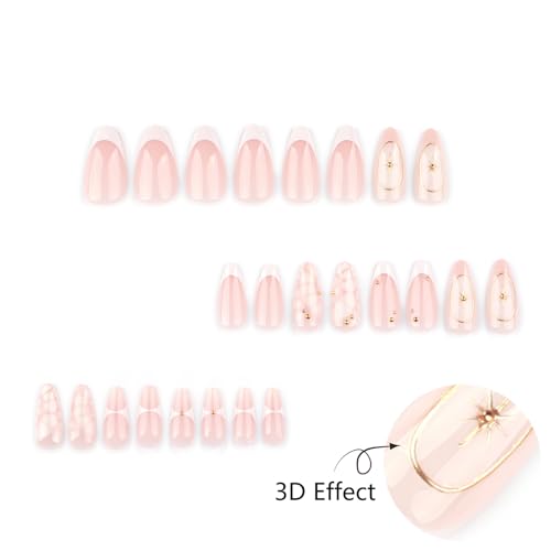 Mivota French Press On Nails Almond Medium, Fall Fake Nails Adorned with White Petal Accents and 3D Gold Lines Design, Glossy Gel Finish Acrylic Nails, Reusable Glue On Nails for Women, 24Pcs - color: 45-Smudged White with Gold Trim
