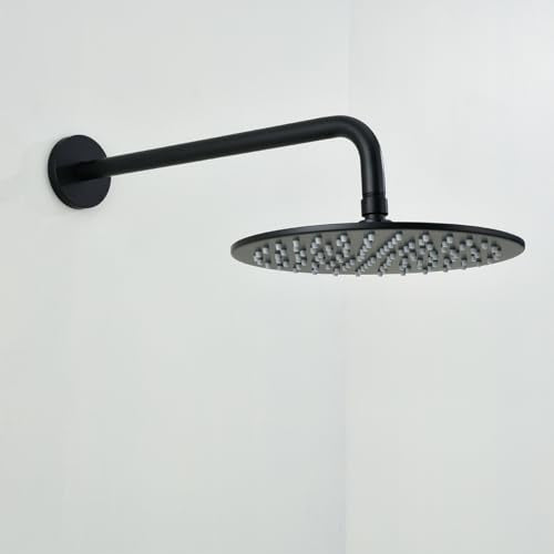 RANDOM 16 Inch Shower Arm with Flange,Stainless Steel 90 Degree Rain Shower Head Extension Arm,Wall-Mounted Shower Head Arm for Fixed Shower Head,Matte Black.RD91018-16MB - color: 16″ Matte Black(Round Flange)