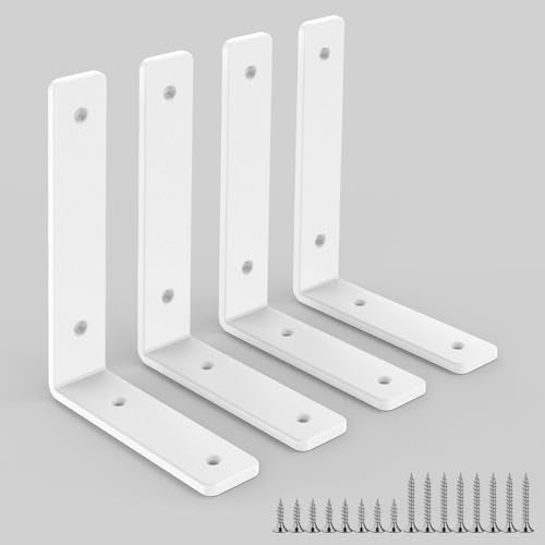 White Heavy Duty Shelf Brackets 6 Inch, Rustic Gold Iron L Shelf Bracket, Industrial Modern Metal Floating Shelf with Hardware for DIY Open Shelving, 4 Pack - color: White, size: 6 Inch