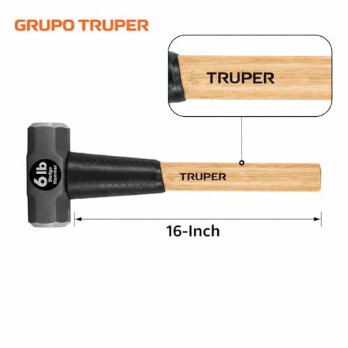 Truper 6 lb Sledge Hammer, 16-Inch American Hickory Wood Handle, Double-Faced Forged Steel Head, Heavy-Duty Compact Demolition and Construction Tool (Model MD-6H-16/33186) - size: 6-Pound Sledge Hammer, style: Hickory Handle
