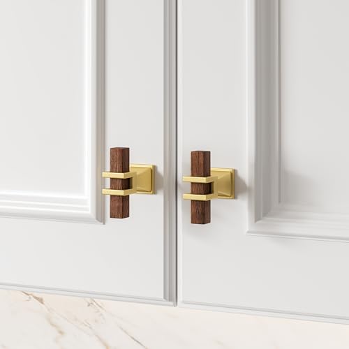 Haliwu 10 Pack Wood Grain & Gold Cabinet Knobs T-bar Square Drawer Knobs - color: Walnut Wood Grain& Matte Gold, size: T-bar knob