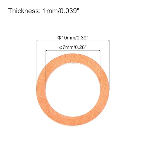 MECCANIXITY 52 Pcs Flat Copper Washers, 7x10x1mm Copper Upgraded Flat Metric Sealing Crush Ring Washers for Hydraulic Fittings Screw Bolt Nut Electronic Repair - size: 7x10x1mm