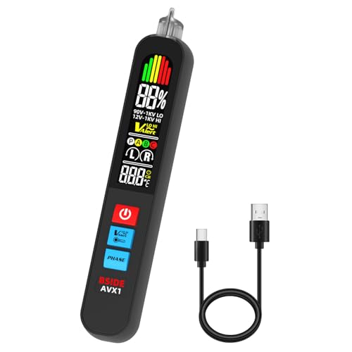 BSIDE Voltage Tester, Non-Contact with 3-Phase Rotation Indicator & Signal Percentage, Rechargeable AC Electrical Voltage Detector Pen, High/Low Sensitivity with 6 Ranges, 3-Mode Alarm with Analog Bar