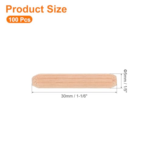 uxcell 100Pcs 1/5" x 1-1/6" Wooden Dowel Pins, Wood Dowels Rods, Furniture Woodworking Grooved Fluted Pin, Wooden Dowels Fluted for Craft, DIY Projects - size: 1/5" x 1-1/6"