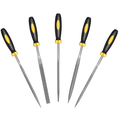 Mini Metal Needle File Set, 5pcs, Small Hand Files Set for Detail and Precise Work, Hardened Alloy Strength Steel File Tools Includes Round, Bi Half-Round, Flat, Square, Triangular File