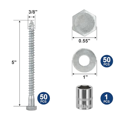 3/8" x 5" Lag Screws Bolts with Washers(50Pcs) - size: 3/8x5in