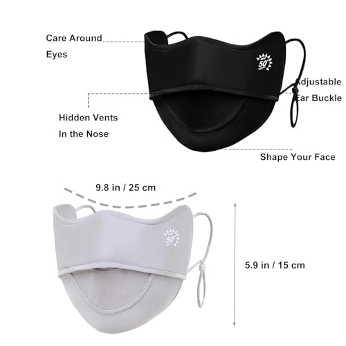 2Pcs UV Face Mask, Sun Masks for Women, Cooling Breathable Face Cover for Outdoors, Washable Reusable - color: Light Grey, Black