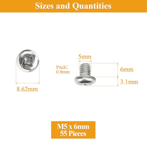 55 Pieces M5 x 6mm Machine Screws, Thread Pitch 0.8mm, Sutemribor M5 Phillips Pan Head Machine Screws, 304 Stainless Steel, Fully Threaded, Silver - size: M5 x 6mm, style: Phillips Pan Head