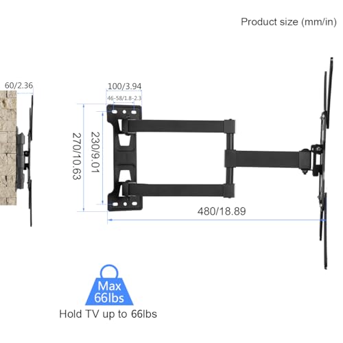 Suptek TV Wall Mount Swivel and Tilt Full Motion for Most 23 to 60 inch TV Mount up to 66lbs max VESA 400x400mm (A1+) - size: 23-60"