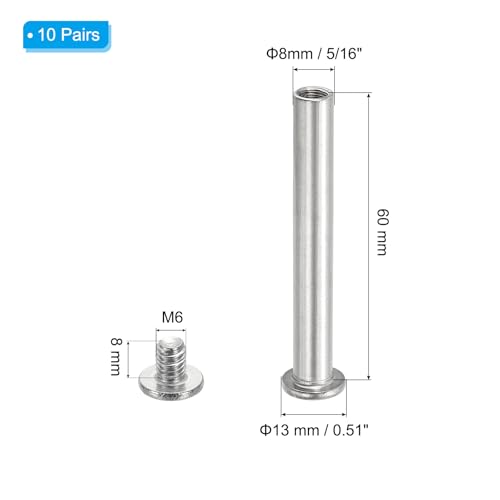 PATIKIL Hex Chicago Screws, 10 Set Binding Screw Posts M6 x 60 mm Connecting Hex Drive Socket Cap Bolt Nuts for Scrapbook Leather Belt Album Photo Furniture Repair, Silver - size: M6 x 60