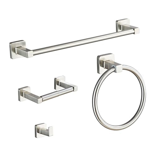 Brushed Nickel Bathroom Hardware Set 4 Pieces,Towel Bar Set Stainless Steel Wall Mounted, Includes 16In Hand Towel Bar, Towel Ring, Robe Towel Hooks,Toilet Paper Holder, Bathroom Towel Rack Set… - color: Brushed Nickel-4pcs, size: 16Inch