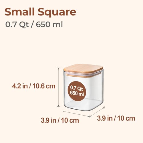 ComSaf Square Glass Containers with Lids 0.7 Qt, Set of 4 Pantry Glass Jars | Glass Storage Containers with Lids, Small Canisters, Spice Jar, Bamboo Lid with Silicone Seal, Size For Subpackage, BPA Free - size: 0.7Qt*4