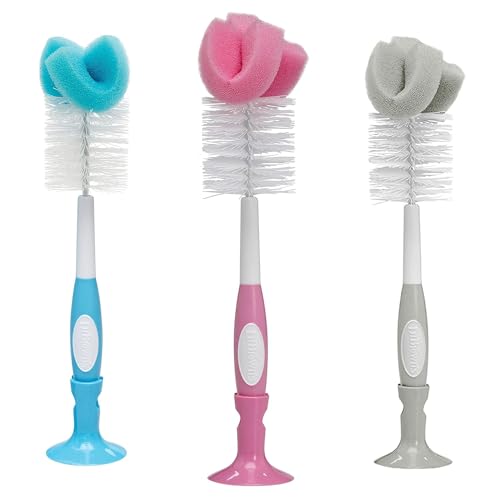 Dr. Brown's Reusable Sponge Baby Bottle Cleaning Brush with Suction Cup Stand, Scrubber and Nipple Cleaner, BPA-Free, Blue/Gray/Pink, 3-Pack - color: Multi-color Variety Pack, size: 3-Pack