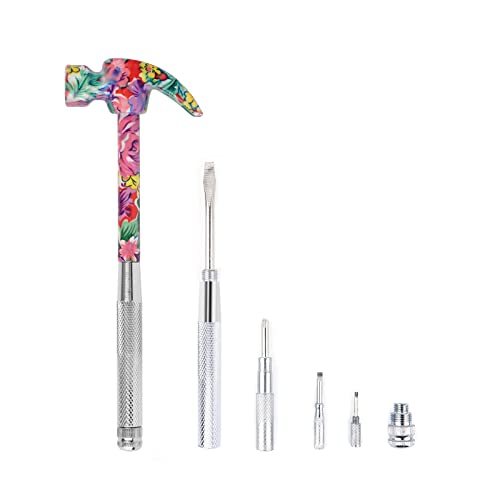 YOUMI 6 in 1 Multifunctional Floral Hammer & Screwdriver Tool Set Claw Hammer with Slotted/Flat Head Phillips Screwdriver Nail Puller Best Christmas Thanksgiving Halloween Gift for Her(Pink) - color: Red