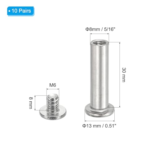 PATIKIL Hex Chicago Screws, 10 Set Binding Screw Posts M6 x 30 mm Connecting Hex Drive Socket Cap Bolt Nuts for Scrapbook Leather Belt Album Photo Furniture Repair, Silver - size: M6 x 30