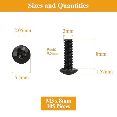 105 Pieces M3 x 8mm Button Head Socket Cap Screws, Thread Pitch 0.5mm, Sutemribor M3 Black Screws, 10.9 Grade Alloy Steel, Black Oxide Finish, Fully Threaded - size: M3 x 8mm, style: Button Head