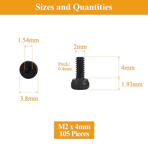 105 Pieces M2 x 4mm Socket Head Cap Screws, Thread Pitch 0.4mm, Sutemribor M2 Black Screws, 12.9 Grade Alloy Steel, Black Oxide Finish, Fully Threaded - size: M2 x 4mm, style: Socket Head
