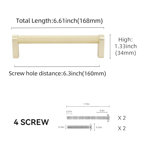 10 Pack 6-1/4 inch(160mm) Brushed Brass Kitchen Cabinet Handles Knurled Cabinet Pulls Gold Drawer Pulls Kitchen Cabinet Hardware Handles Drawer Pulls Dresser Handles - color: Brushed Brass, size: 6-1/4" Hole Center（160mm）