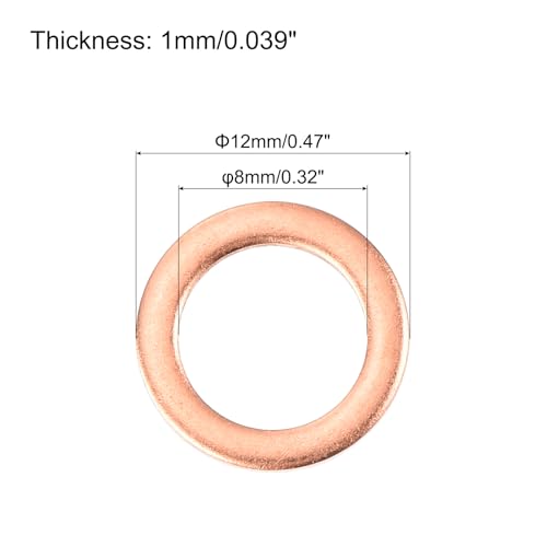 MECCANIXITY 52 Pcs Flat Copper Washers, 8x12x1mm Copper Upgraded Flat Metric Sealing Crush Ring Washers for Hydraulic Fittings Screw Bolt Nut Electronic Repair - size: 8x12x1mm